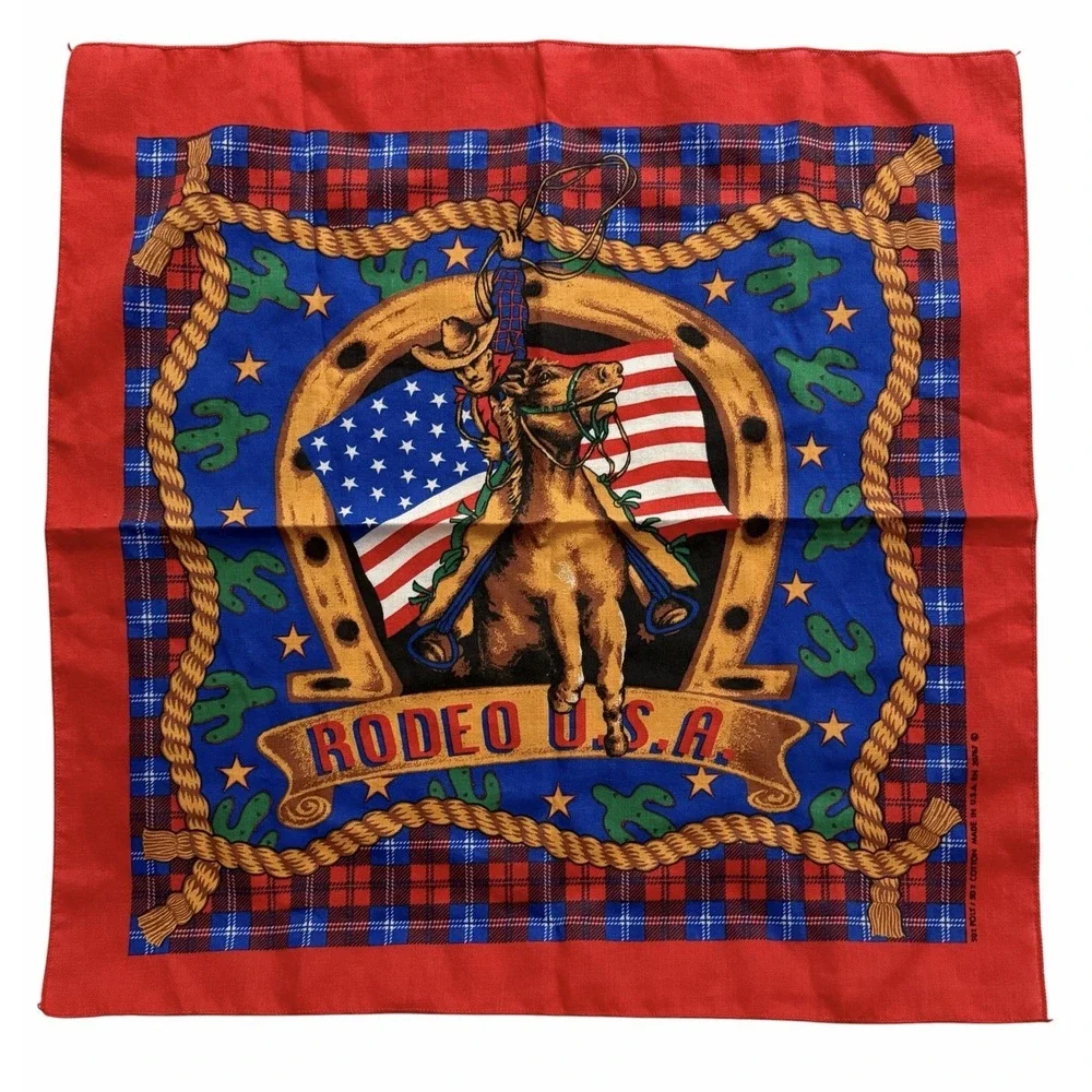 80s Deadstock Western Pictorial Bandana Red Cowboy Horse Handkerchief 20767 USA